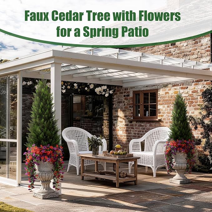 Artificial Topiary Cedar Trees 4FT Tall 2 Set with 12 Bundles Faux Silk Flowers, Outdoor Indoor Faux Pine Shrubs Plants, Fake Bushes Plants for Home Front Porch Door Patio