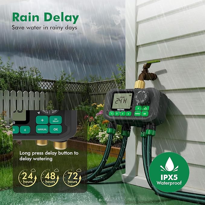 RESTMO Sprinkler Timer for Outdoor Hose Faucet 4 Zone, Up to 11h59m Programmable Watering Timer for Soaker Hose, Misting with Brass Inlet & Large Dial, Rain Delay/Manual/Automatic Irrigation System