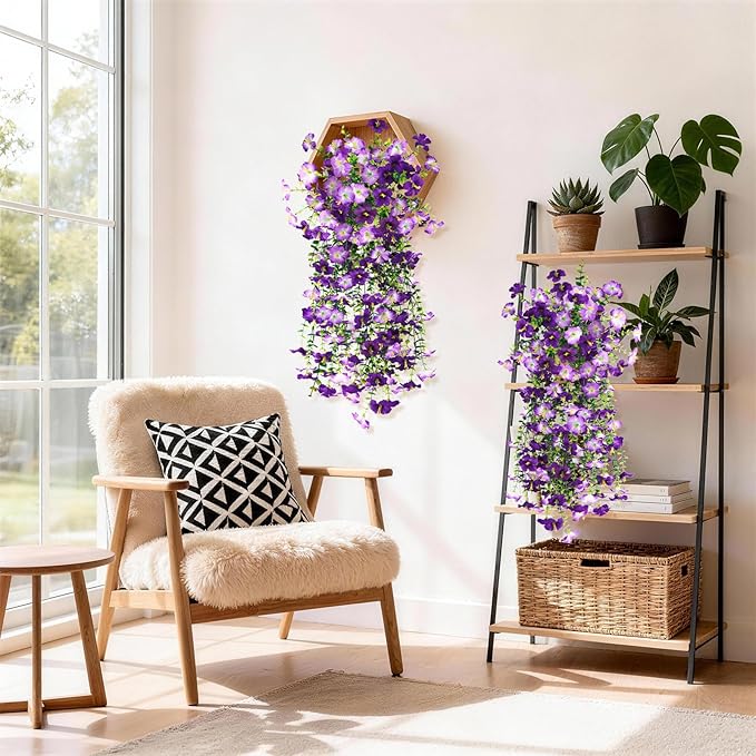 Artificial Fake Hanging Flowers Plants for Outdoor Spring Decoration,2 PCS Faux Silk Morning Glory with Eucalyptus Leaves,UV Resistant Realistic Outdoor Flowers for Balcony Porch Patio Yard Garden