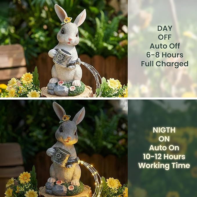 Solar Rabbit Garden Statues Outdoor Decor, Resin Rabbit Figurine Decorations with Solar Light, Whimsical Bunny Sculpture for Garden Patio, Balcony, Yard, Lawn Ornament