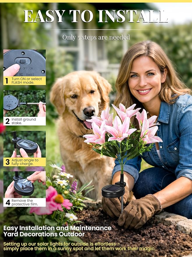 GIGALUMI Solar Garden Lights, 4Pack LED Lily Garden Decor Carefree Solar Flowers Outdoor Waterproof, Yard Decorations Outdoor, Allergy-Free Light up Flowers for Yard Patio (2Pink,1White,1Yellow)