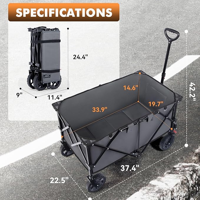 Hikenture Collapsible Wagon - 330LBS Capacity, Extra Large Foldable Wagon with All-Terrain Wheels, Utility Beach Cart for Outdoor Garden