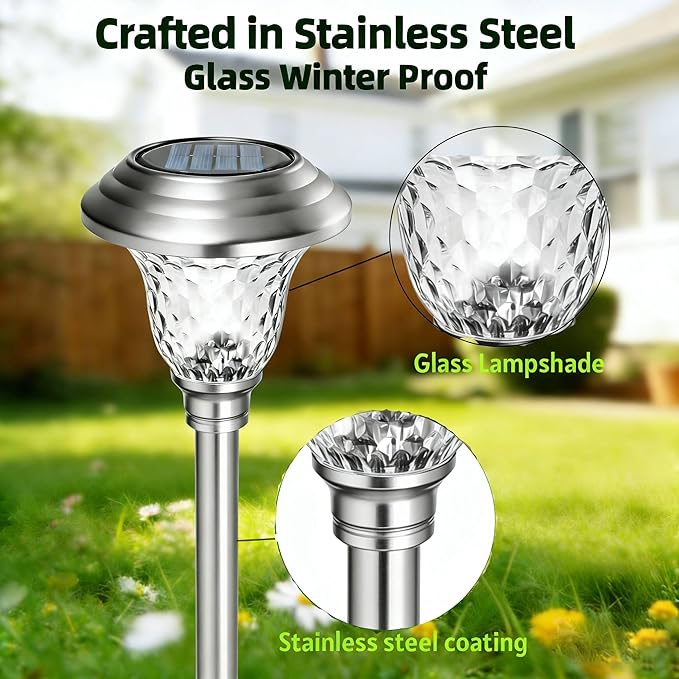 Beau Jardin 4 Pack Solar Pathway Lights White+ Color Changing Stainless Steel 3 Mode Outdoor Multicolor Metal Solar Powered Waterproof Glass for Garden Landscape Path Yard Walkway Driveway Silver