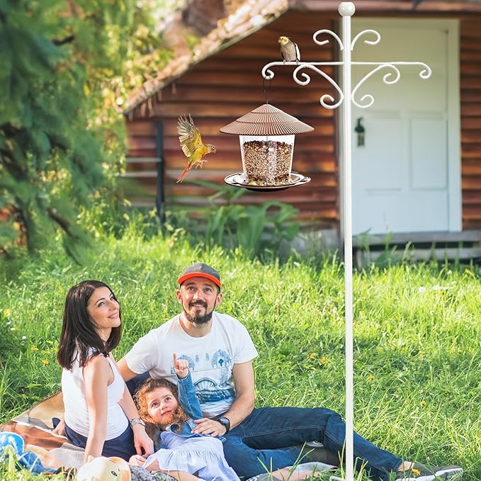 Bird Feeder Pole for Outdoors Heavy Duty Squirrel Proof, 2 Pack 92 Inch Adjustable Tall Shepherds Hooks for Outdoor with 7 Prongs Base, Double Shepherd Hooks (2 Pack White, 92 Inch)