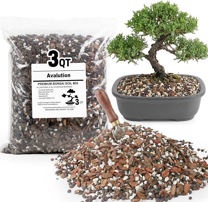Avalution Bonsai Soil 3QT,Organic Bonsai Soil Mix Perlite,Lava Rock,Pine Bark,Clay Pebbles for Indoor Plants,Premium Fast Draining Pre Mixed Potting Soil for Bonsai Trees Repotting
