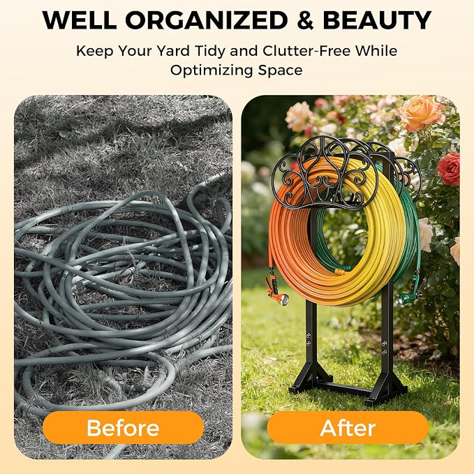 Garden Hose Holder Holds 2 * 160Ft Hoses, Heavy-Duty Freestanding Water Hose Holder with 4 Spikes, Rustproof Hose Stand Hose Hanger Storage Hose Rack for Outside, Yard, Lawn, Farm