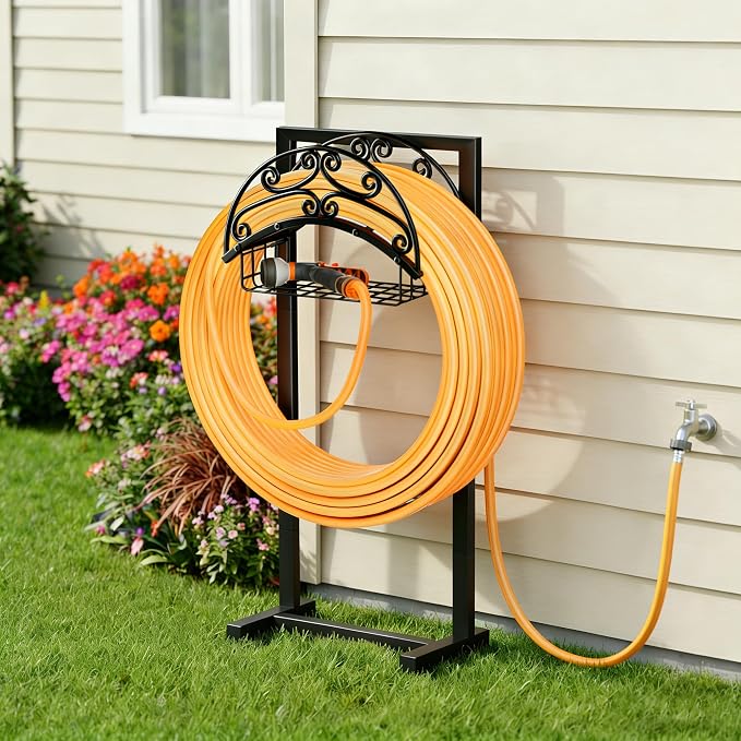 Gayuteay Garden Hose Holder – Water Hose Reel Stand with Storage Basket Holds 151ft, Heavy Duty Freestanding Garden Hanger Storage Rack for Outside Yard Lawn Farm