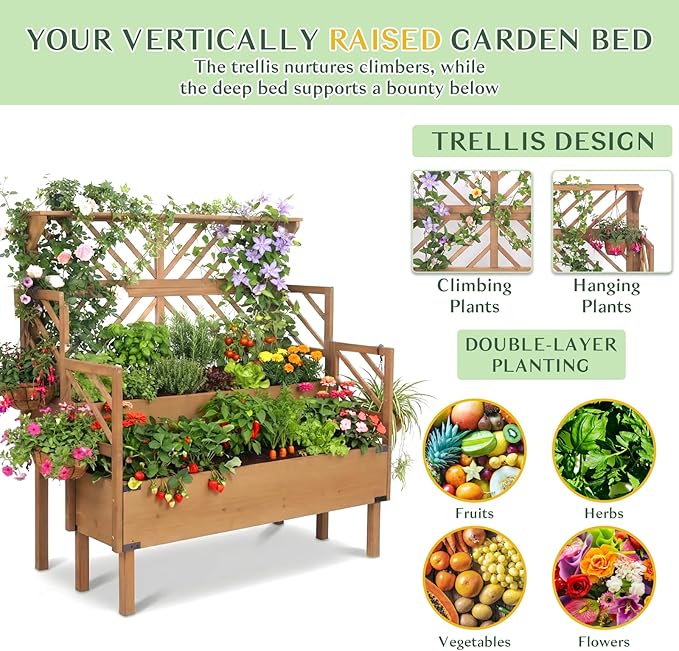 Raised Garden Bed Outdoor with Lattice Trellis, 47.2''H Wood Outdoor Flower Plant Stand with Two Planting Areas, Metal Reinforced, Liner, Elevated Garden Beds for Climbing Plants, Herb, Brown