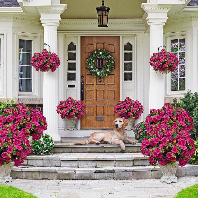 Artificial Geranium Flowers for Outdoor Decoration, 6 Bundles UV Resistant Silk Geranium Fake Plants Faux Flowers for Front Porch Garden Patio Window Box Outside Indoor Decor (Purplish Red)