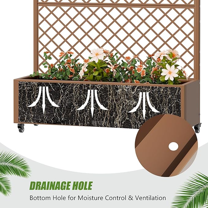 Casaphoria Metal Raised Garden Bed with Trellis and Wheels, 72"x47"x16" Arched Planter Box for Climbing Plants, Vegetables & Vines, Features Drainage Holes and Privacy Screen, Brown-Rhombus
