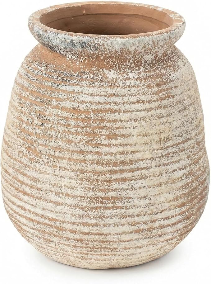 Rustic Terracotta Pot, 7 Inch Short Farmhouse Vase with Weathered Texture, Boho Home Decor for Pampas Grass, Tabletop, Mantel and Shelf Styling