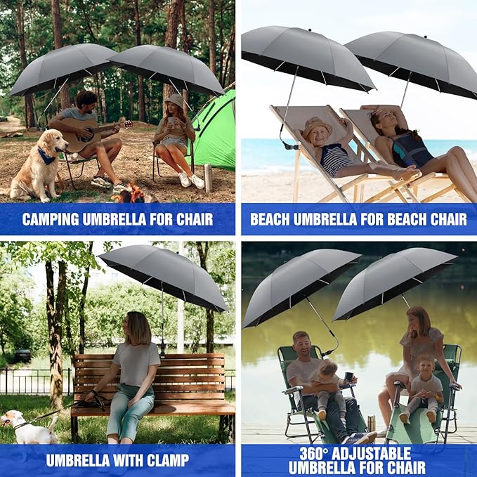 2 PACK Beach Umbrella with Clamp, 360 ° Adjustable Umbrellas for Chair, UPF50+ Umbrella for Beach Chair, Patio Chair, Wheelchair, Camping Chair, Golf Carts (Chair Not Included)