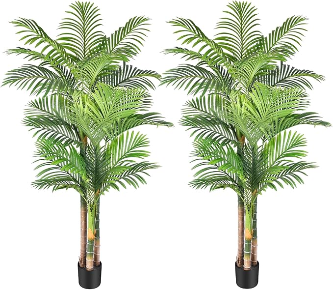6ft Tall Triple Golden Cane Palm Artificial Tree Large Tropical Palm Tree UV Resistant Fake Plant in Pot for Indoor Outdoor Big House Living Room Outside Patio Office Home Decor (Set of 2)