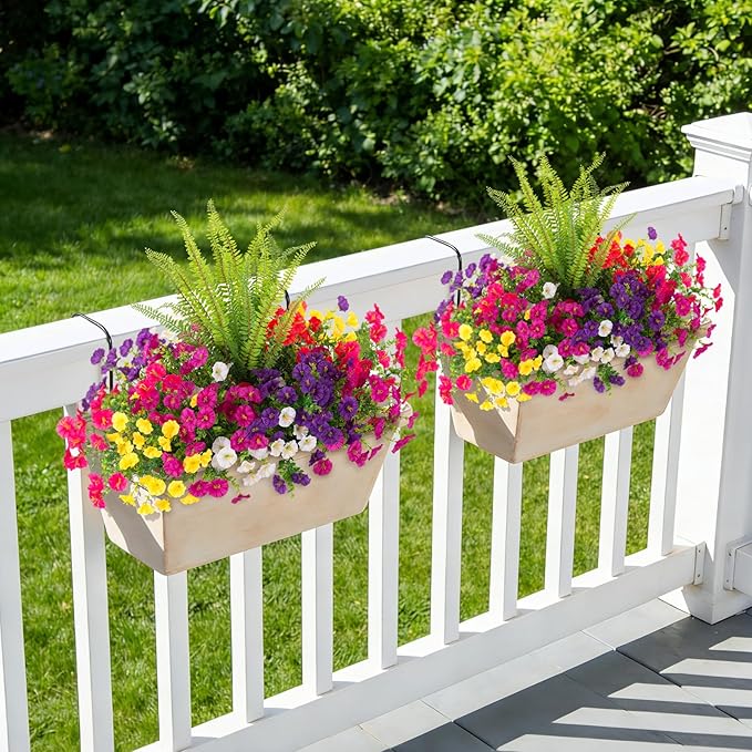 Artificial Flowers Fake Plants for Outdoors Decoration, 12 Bundles Silk Morning Glory with Boston Fern Realistic UV Resistant Faux Spring Flowers for Outside Planter Yard Patio Garden Home Indoor Urn