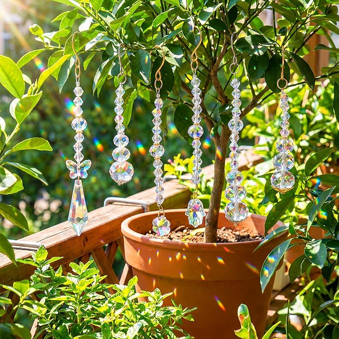 MTLEE 6 Pcs Crystal Suncatchers Plant Decorations Charms Hanging Prisms for Window Indoor Garden Plant Pot Holder Hanger Tree Vine Home Chandeliers Outdoors(Classic)