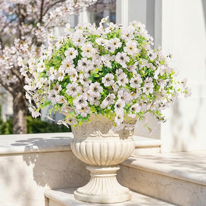 ATTGREAT Artificial Flowers Outdoor Faux Plants UV Resistant Fake Patio Flowers Plastic Greenery Plnats Outside Bulk for Spring Garden Hanging Planter Home Vase Decor, 12 Bundles (White)