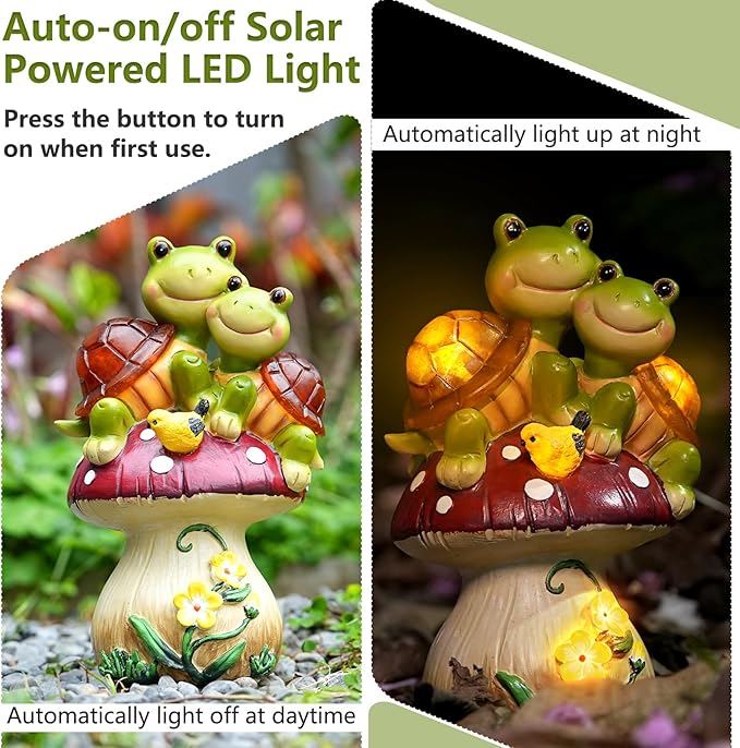 Solar Light Turtle Garden Statue, Turtle on Mushroom Figurine Lovely Tortoise Garden Statue with 5 LED Lights for Patio, Balcony, Yard, Housewarming, Gifts for Mom, Outdoor Lawn Decorations Mother Day