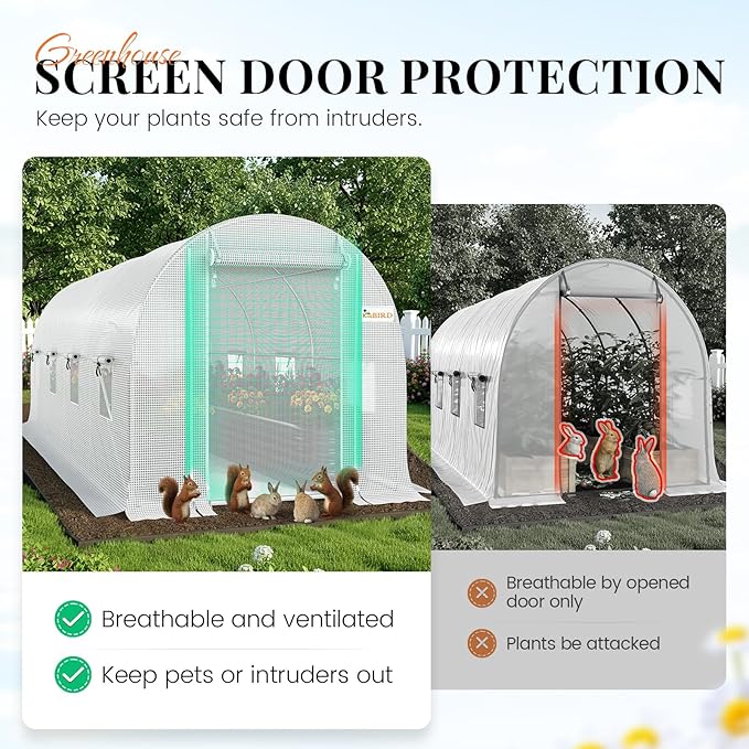 KING BIRD Premium 15x6.6x6.6FT Greenhouse for Outdoors, Large Walk-in Upgraded Galvanized Metal Frame, Mesh Door Screen Window Improved Zipper Tunnel Hoop for Garden Plant Winter, White