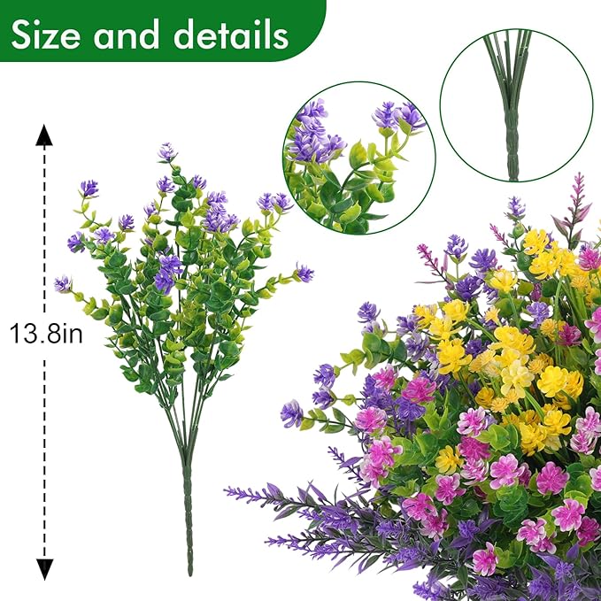 Hananona 24 Pcs Artificial Flowers Outdoor, Faux Artificial Plants UV Resistant Plastic Flower Bulk for Hanging Planter Porch Window Home Wedding Fall Summer Decor (24, Fuchsia, Purple, Yellow, Green)