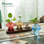 Glass Propagation Station for Plant: Mushroom Planter with Wooden Stand for Home Office Decor - Unique Propagation Jars for Plant Lovers - Set of 3 Hydroponic Mushroom Vases Gift for Mom