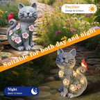 Solar Cat Garden Statue with LED Lights, Waterproof Resin Cat Figurine with Red Bird, Outdoor Decor for Patio, Lawn, Yard, Balcony, – Gift for Mom, Grandma & Cat Lovers