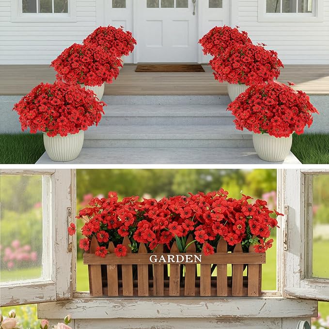 CEWOR 12 Bundles Artificial Flowers for Outdoor Indoor, Fake Silk Daisy with Eucalyptus Leaves, Faux Flower for Valentine's Day Decor Garden Front Door Porch Planter Patio Home Decor (Red)