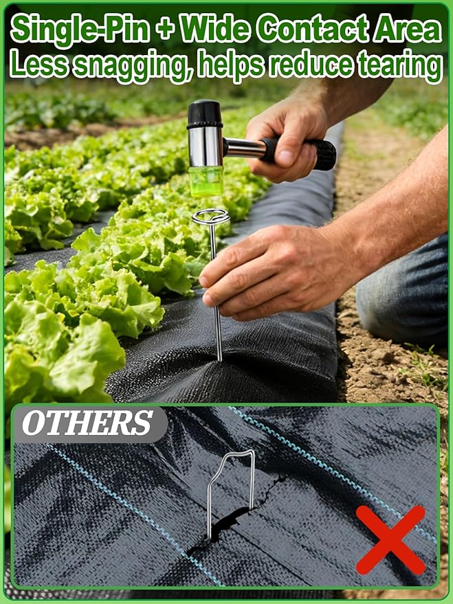12 Inch Landscape Staples with Hook & Hammer - 120pcs Circle Top Weed Barrier Stakes Kit, 9 Gauge Galvanized Rust-Resistant Garden Fabric Pins, for SOD, Garden Edging, Install & Remove Tools Included