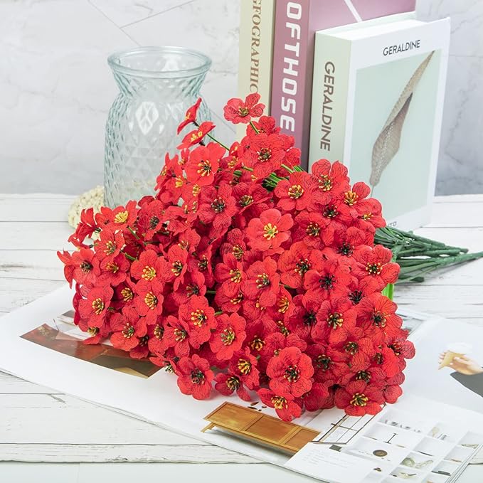 Ouddy Decor 24 Bundles Artificial Flowers for Decorations Fake Silk Plants for Outdoors UV Resistant Faux Plastic Greenery Stems for Garden Porch Window Box Home Spring Decor, Red