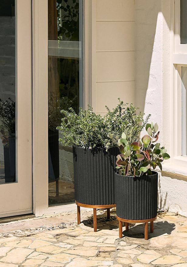 Veradek Demi Series Round Planter w/Stand for Porch/Patio | Durable Plastic-Stone Composite & Wooden Stand | Modern Décor for Tall Plants, Flowers