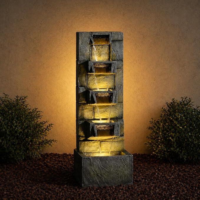 Outdoor Waterfall Fountain with LED Lights, 41” Tall Stone-Look Cascading Water Feature for Home Décor, Realistic Flowing Water Sound for Relaxation, Freestanding Indoor/Outdoor Fountain