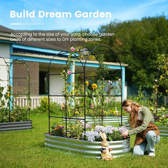 KING BIRD Raised Garden Bed with Arched Trellis Galvanized Planter Garden Box Outdoor for Gardening, Climbing Vegetables, Flowers, Silve, 5.9x2.95x0.98 Ft,