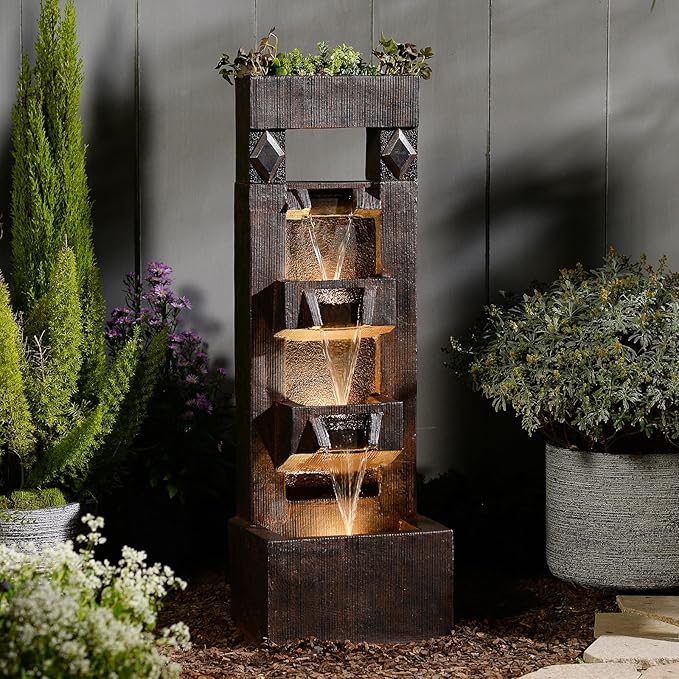 Bumilgar 40.9" H 4-Tier Indoor/Outdoor Modern Water Fountain with Led Lights and Pump, Outdoor Freestanding Cascading Waterfall - Suitable for Garden, Patio, Porch, Yard and Outdoor Decor (Brown)