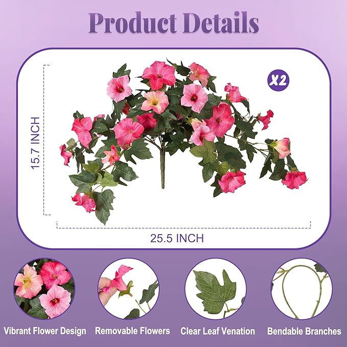 Ammyoo Artificial Fake Petunia Flowers for Outdoor Decoration, 2PCS Faux Silk Petunias Flower for Spring UV Resistant No Fade Realistic Plants for Garden Balcony Yard Porch Indoor Decor(Double Pink)