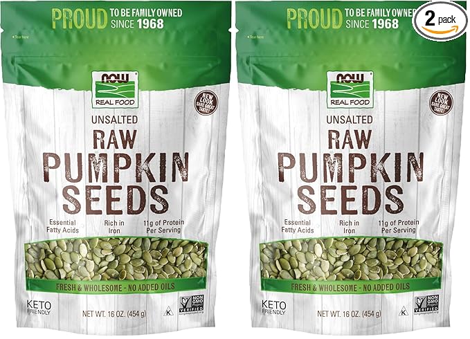 NOW Foods, Pumpkin Seeds, Raw and Unsalted, Essential Fatty Acids, Rich in Iron, Excellent Source of Protein, Certified Non-GMO, 1-Pound (Packaging May Vary) (Pack of 2)