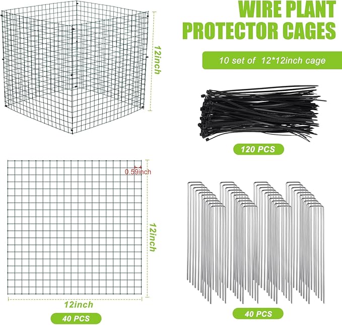 Zubebe 10 Pack Small Wire Plant Protectors Square Plant Protectors from Animals Mesh Cage Chicken Wire Cloche for Shrubs with Ground Stakes and Nylon Ties(Thickness 1mm,Dark Green)