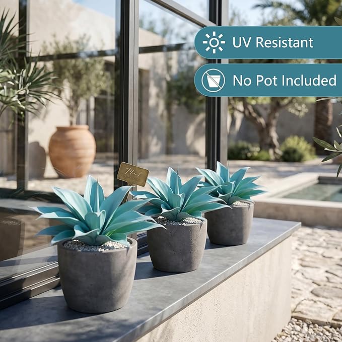 Ttranewsoo Artificial Agave Plants,Large UV Resistant Fake Agave Planters 12" for Indoor and Outdoor Decorating Tropical Plant Succulents Greenery Indoor Decor (Blue,2Pack)
