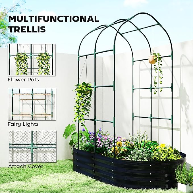 Outsunny Galvanised Raised Garden Bed with Arched Trellis, 5 x 3 x 6ft Metal Outdoor Planter Box with Open Bottom Design, Modular Raised Bed with Gloves for Vegetable Flower, Easy Assembly, Dark Gray