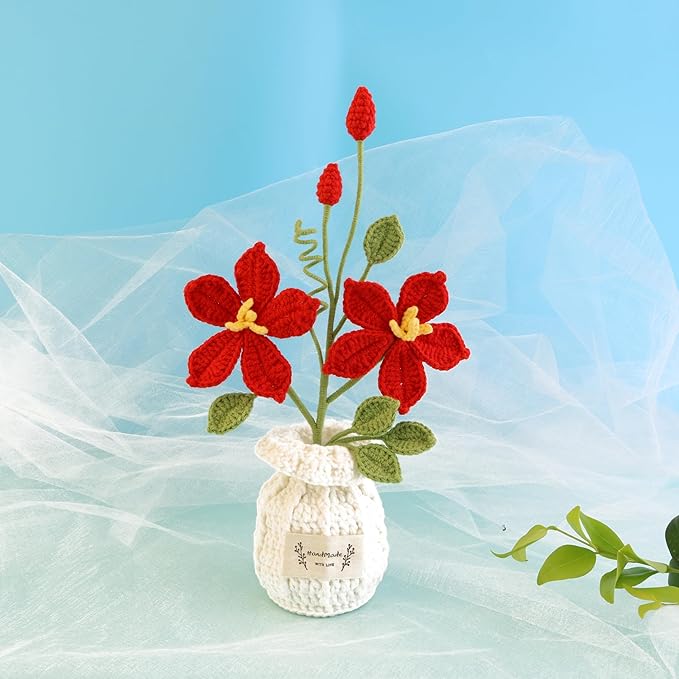 Hand-Woven Crochet Flowers, Simulation of Lotus Potted Plants, Used for Living Room Decoration, Garden, Balcony, Coffee Table Decoration for Family and Friends Lover Anniversary (Red)