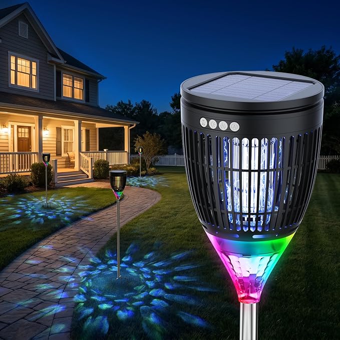 Rossetta Solar Bug Zapper Outdoor, Mosquito Zapper with Flame Lamp & Projector Light, 4200V Electric Fly Zapper Waterproof Rechargeable Mosquito Killer, Cordless Fly Trap for Patio, Backyard, Garden