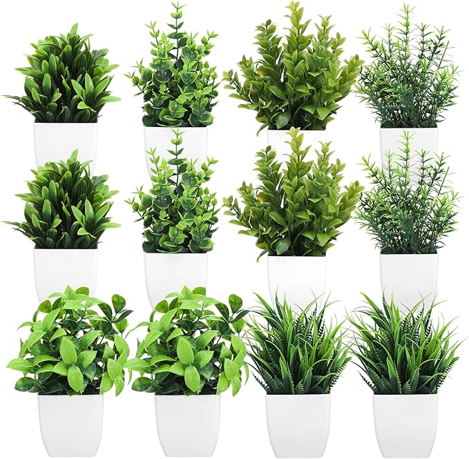 Kifmurase 12Pcs Fake Plants, Mini Artificial Greenery Potted Plants for Shelf, Small Artificial Faux Eucalyptus for Home Decor, Indoor, Office, Desk, Shelf, Table Decoration