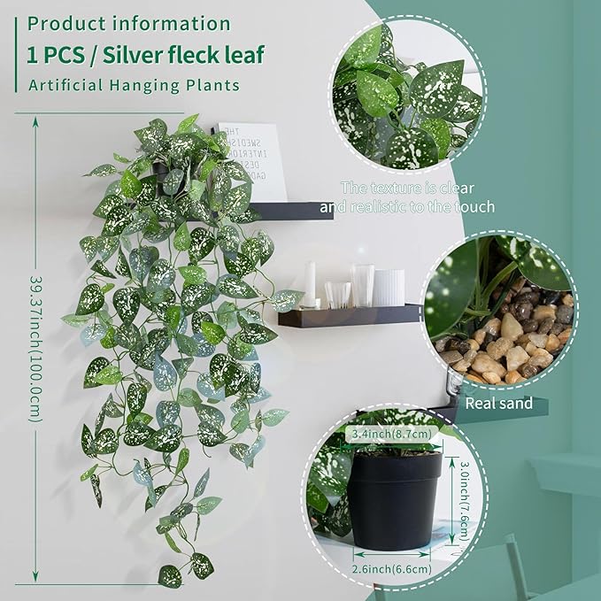 LOYWREE 3 Pack 39-in Long Fake Hanging Plant with Pot Faux Pothos Artificial Potted Plants Small Faux Ivy Vine Plant for Indoor Outdoor Aesthetic Office Living Room Shelf Decor (Black Pot)