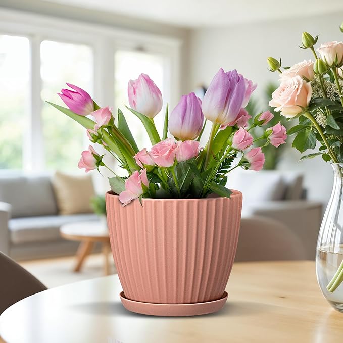 Pink 6-Inch Plant Pots with Drainage & Saucers 6 Pack, Indoor & Outdoor Planters for Houseplants, Herbs, and Flowers, Durable & Weatherproof Material, Stackable, Lightweight, Minimalist Design