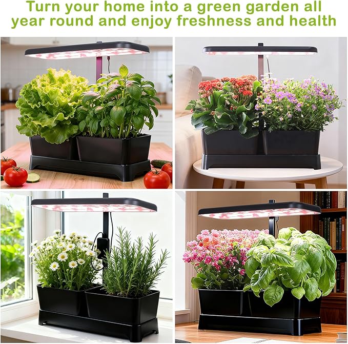 Indoor Herb Garden with Grow Light & Pots, Full Spectrum LED Planter for Kitchen Herbs & Houseplants, Height Adjustable Indoor Growing System for Home & Apartment Decor(Black, 16 * 6.3 * 7.1 inch)