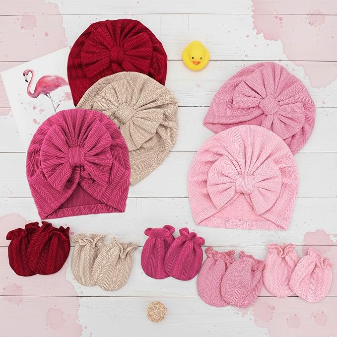 BQUBO Baby Turban Hats and Mittens Set Newborn Infant Hospital Hats Caps with Bows for Baby Boys Girls 0-12 Months
