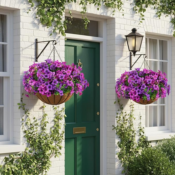 CEWOR 24 Bundles Artificial Flowers for Outdoor Indoor, Fake Silk Daisy with Eucalyptus Leaves, Faux Flower for Garden Front Door Porch Planter Patio Home Decor (Deep Purple Light Purple)