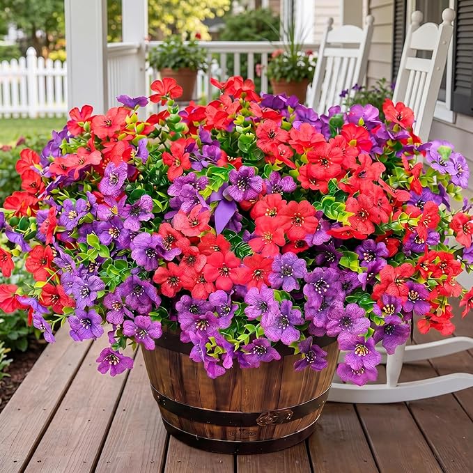Artificial Flowers for Outdoor Fake Plants for Spring Decoration,Faux Eucalyptus Flowers for Planter UV Resistant Lifelike for Home Porch Garden (Purple/Red)