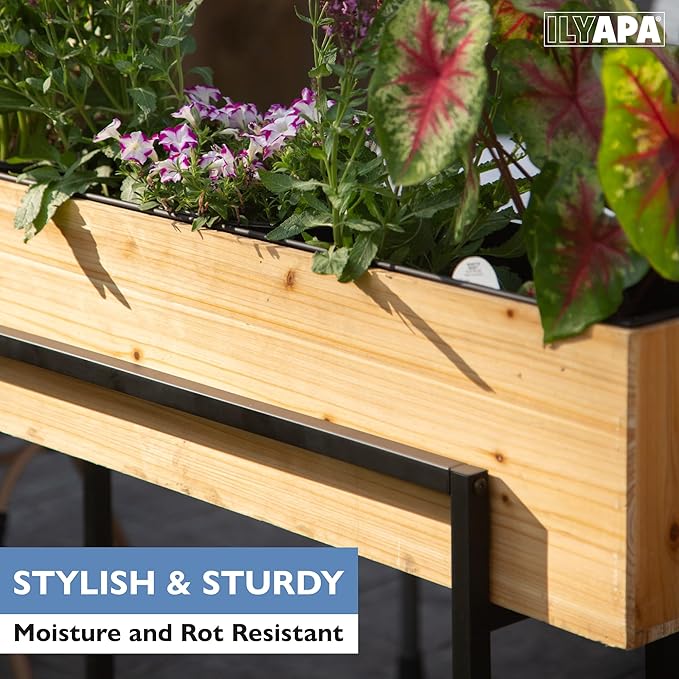 Ilyapa Raised Standing Planter with Legs, Metal and Wood Elevated Planter Box, 33"x35.5"x7", Indoor Outdoor, Perfect for Living Room, Front Porch