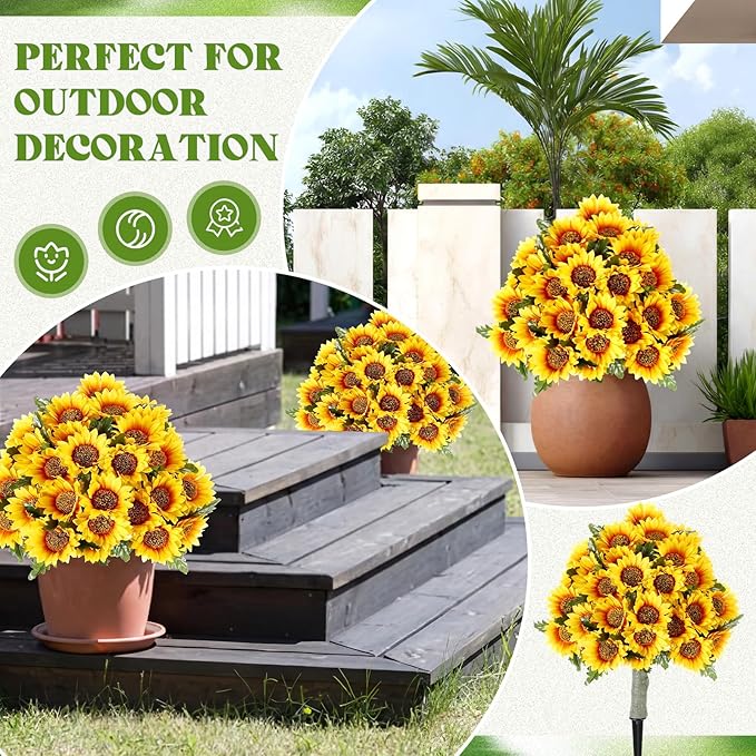 Lunmon 2 Pack Artificial Sunflower Topiary Trees for Outdoors with Ground Spikes, 24 Inch UV Resistant Faux Sunflower Ball Plants for Front Door Porch Patio Garden Yard Decor