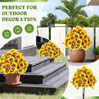 Lunmon 2 Pack Artificial Sunflower Topiary Trees for Outdoors with Ground Spikes, 24 Inch UV Resistant Faux Sunflower Ball Plants for Front Door Porch Patio Garden Yard Decor