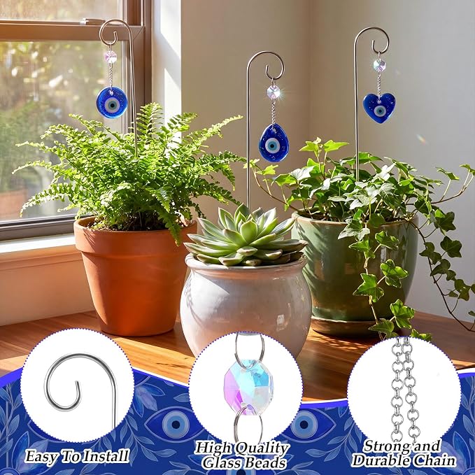 6 Pack Plant Trellis for Potted Plants with Evil Eye Glass Suncatcher 11.81 inch Metal Plant Stake for Indoor Outdoor Garden Suncatchers Decorations